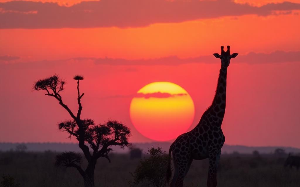 Giraffe silhouette at African sunset